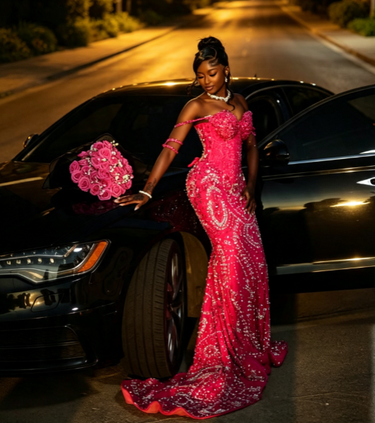 Elegant Hot Pink Prom Dress Sweetheart Sheath Tulle Beaded Long Evening Dress DP06469