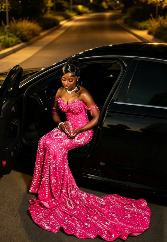 Elegant Hot Pink Prom Dress Sweetheart Sheath Tulle Beaded Long Evening Dress DP06469
