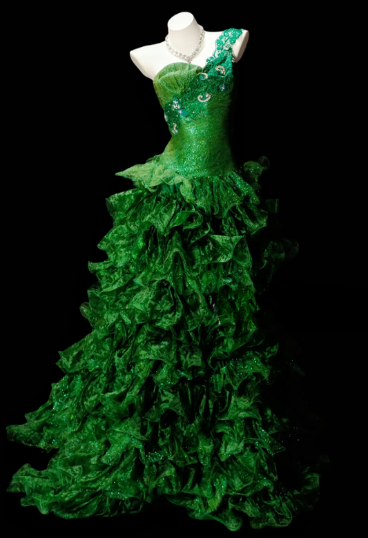 Elegant Green Prom Dress One-shoulder A-Line Tulle Long Evening Dress DP06470