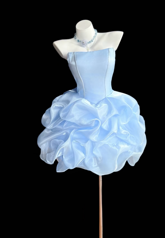 Pretty Blue Short Homecoming Dress Strapless A-Line Birthday Dress Chiffon Party Dress DP06473