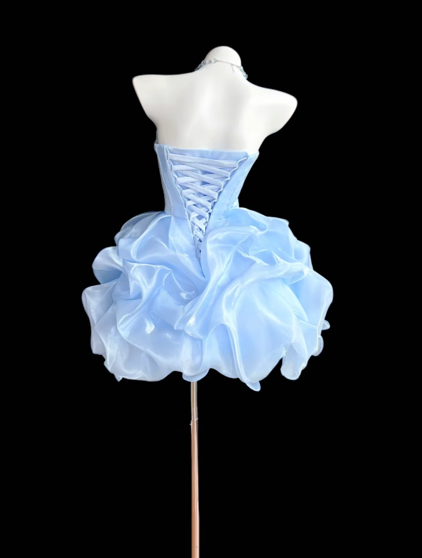 Pretty Blue Short Homecoming Dress Strapless A-Line Birthday Dress Chiffon Party Dress DP06473