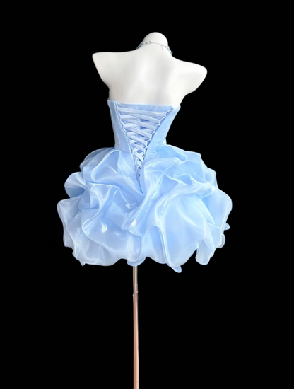 Pretty Blue Short Homecoming Dress Strapless A-Line Birthday Dress Chiffon Party Dress DP06473