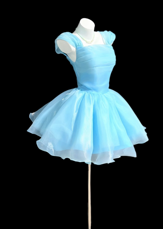 Pretty Blue Short Homecoming Dress Straps A-Line Birthday Dress Chiffon Party Dress DP06474