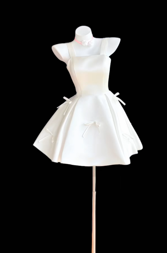 Pretty White Short Homecoming Dress Straps A-Line Birthday Dress Satin Party Dress DP06475