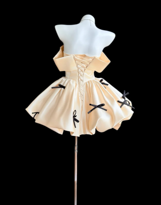Pretty Champagne Short Homecoming Dress Off-shoulder A-line Birthday Dress Satin Party Dress DP06481
