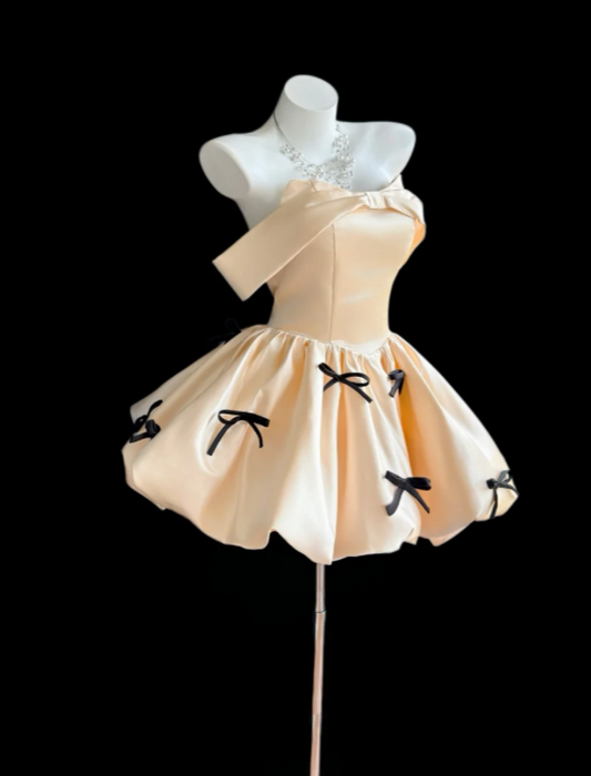 Pretty Champagne Short Homecoming Dress Off-shoulder A-line Birthday Dress Satin Party Dress DP06481
