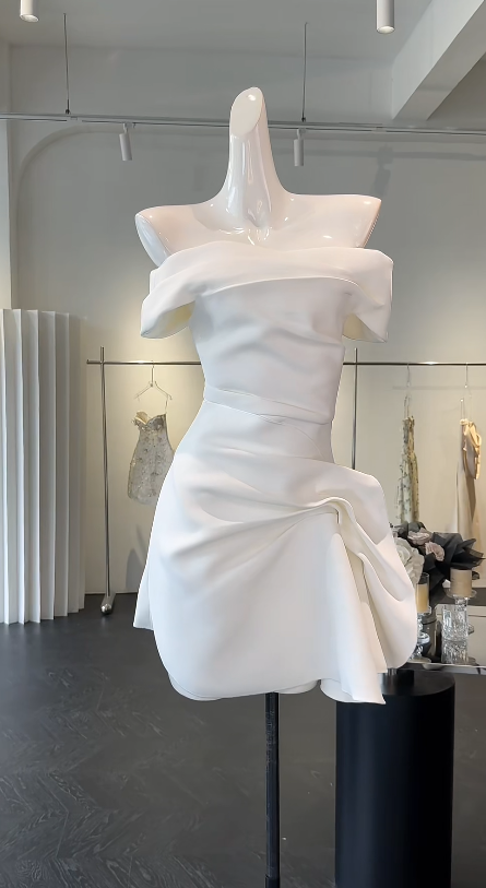 Pretty White Short Homecoming Dress Off-shoulder A-line Birthday Dress Satin Party Dress DP06483