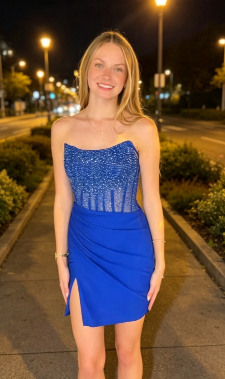 Pretty Blue Short Homecoming Dress Strapless Sheath Birthday Dress Satin Party Dress DP06488