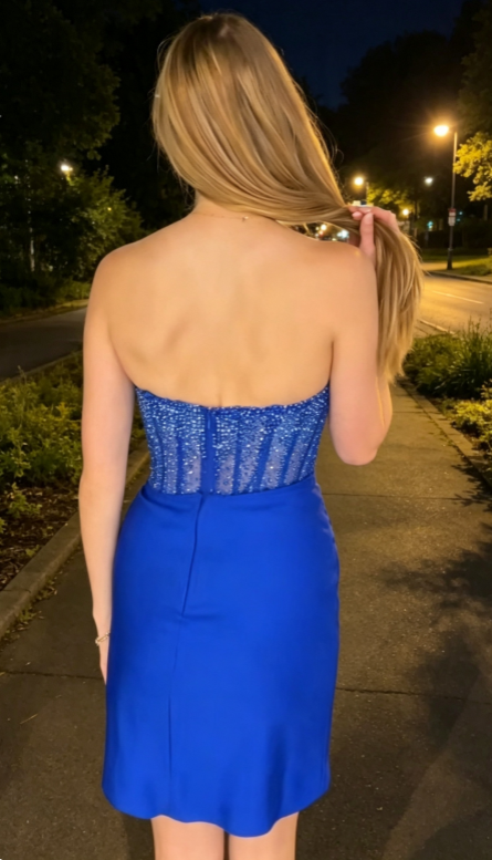 Pretty Blue Short Homecoming Dress Strapless Sheath Birthday Dress Satin Party Dress DP06488