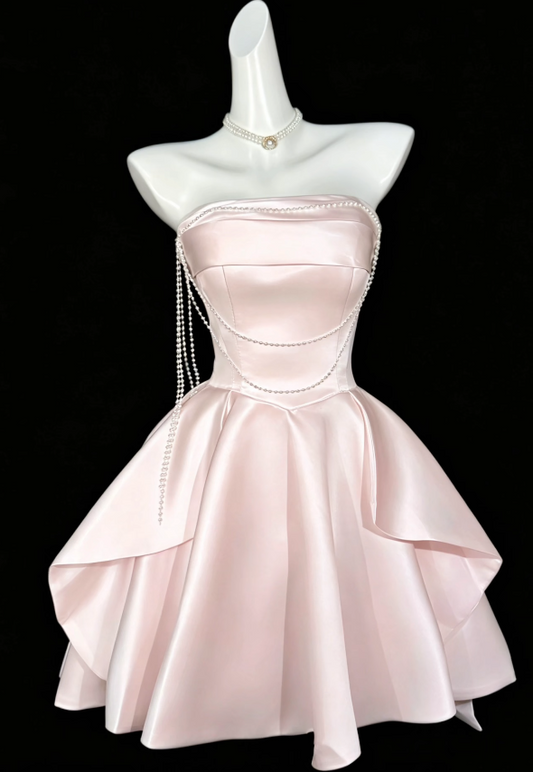 Pretty Pink Short Homecoming Dress Strapless A-Line Birthday Dress Satin Party Dress DP06491