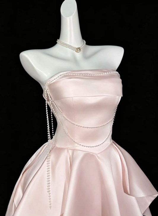 Pretty Pink Short Homecoming Dress Strapless A-Line Birthday Dress Satin Party Dress DP06491