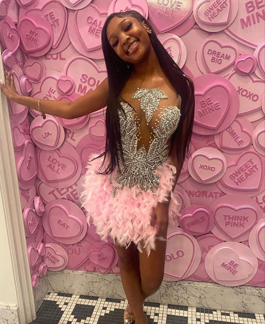Chic Pink Short Homecoming Dress  Sheath Prom Dress Beaded Tulle Birthday Dress DP06497
