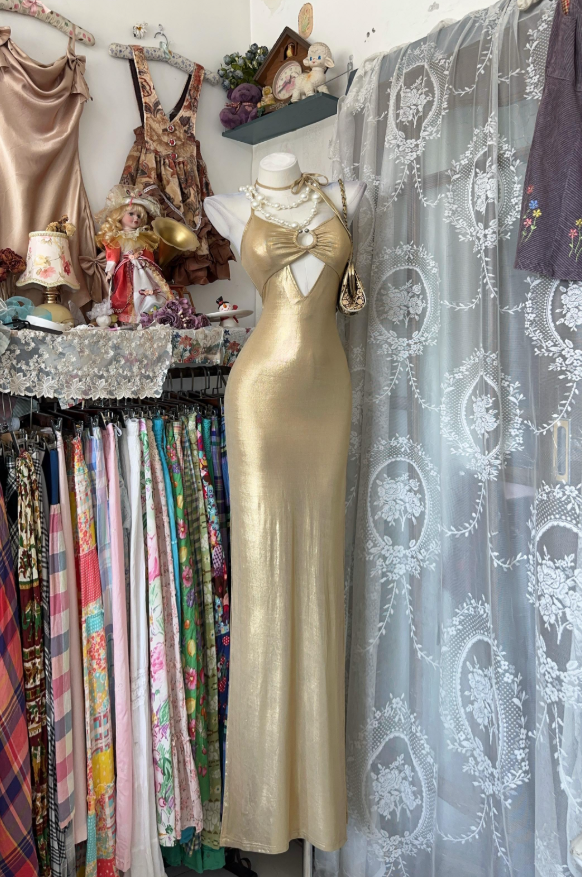 Chic Gold Prom Dress Sheath Chiffon Long Evening Dress DP06506
