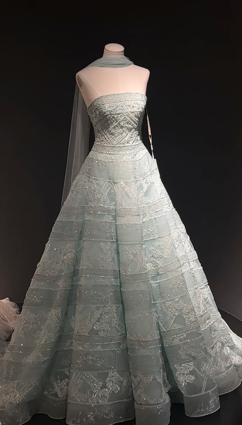 Chic Pale Blue Prom Dress A-Line Tulle Beaded Long Evening Dress DP06507