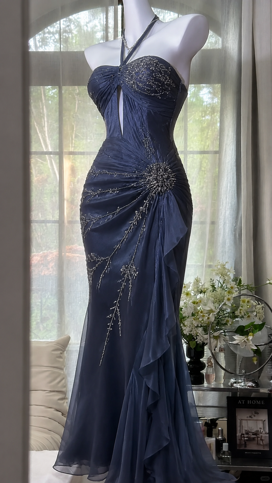 Chic Navy Blue Prom Dress Halter Sheath Beaded Long Evening Dress DP06508