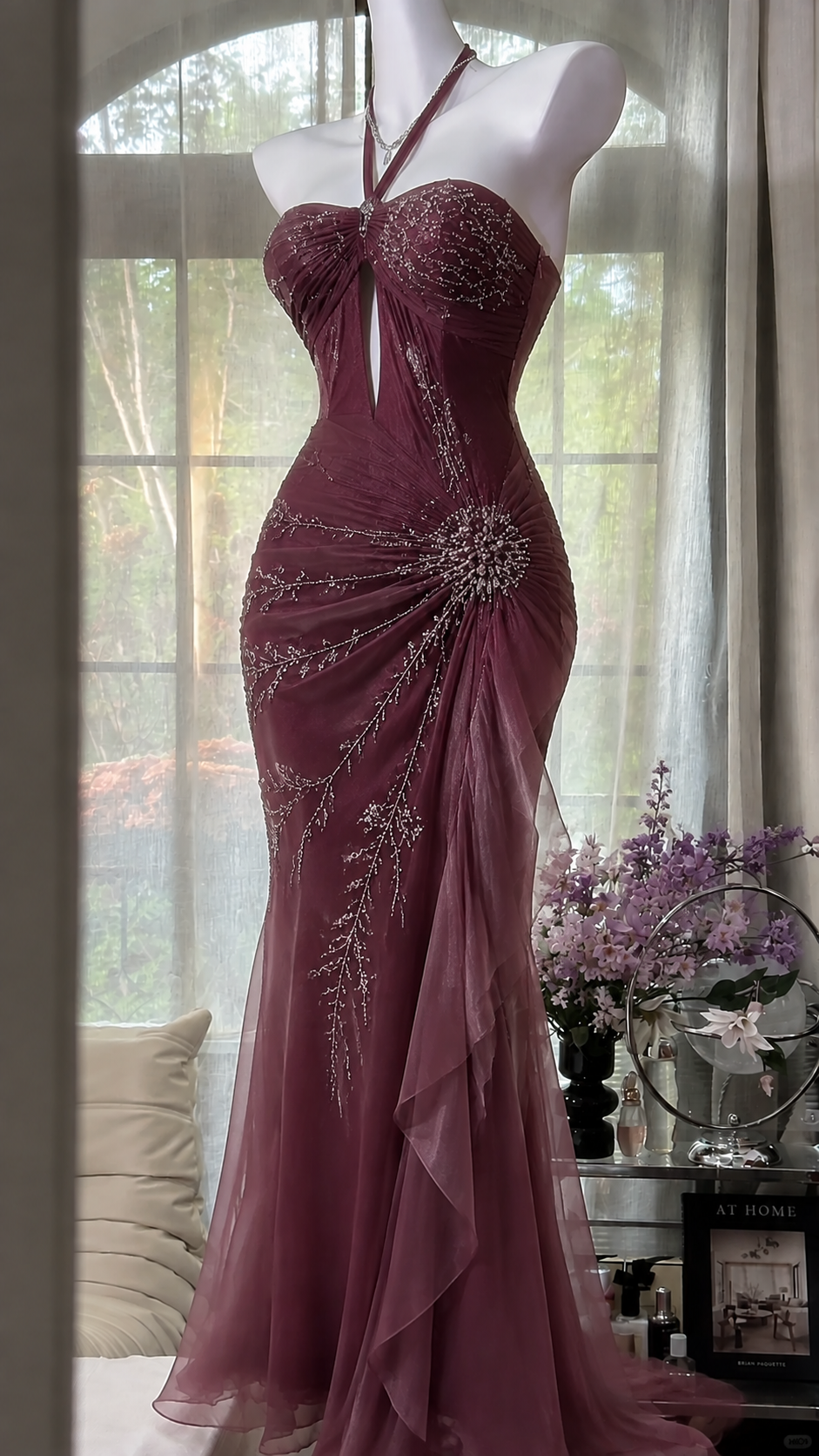 Chic Burgundy Prom Dress Halter Sheath Chiffon Beaded Long Evening Dress DP06509