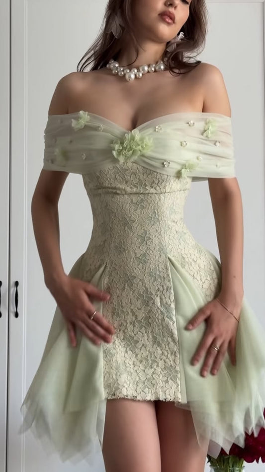 Sexy Green Hoco Dress Off-shoulder Tulle Applique Birthday Dress Sheath  Dress for Party DP06516