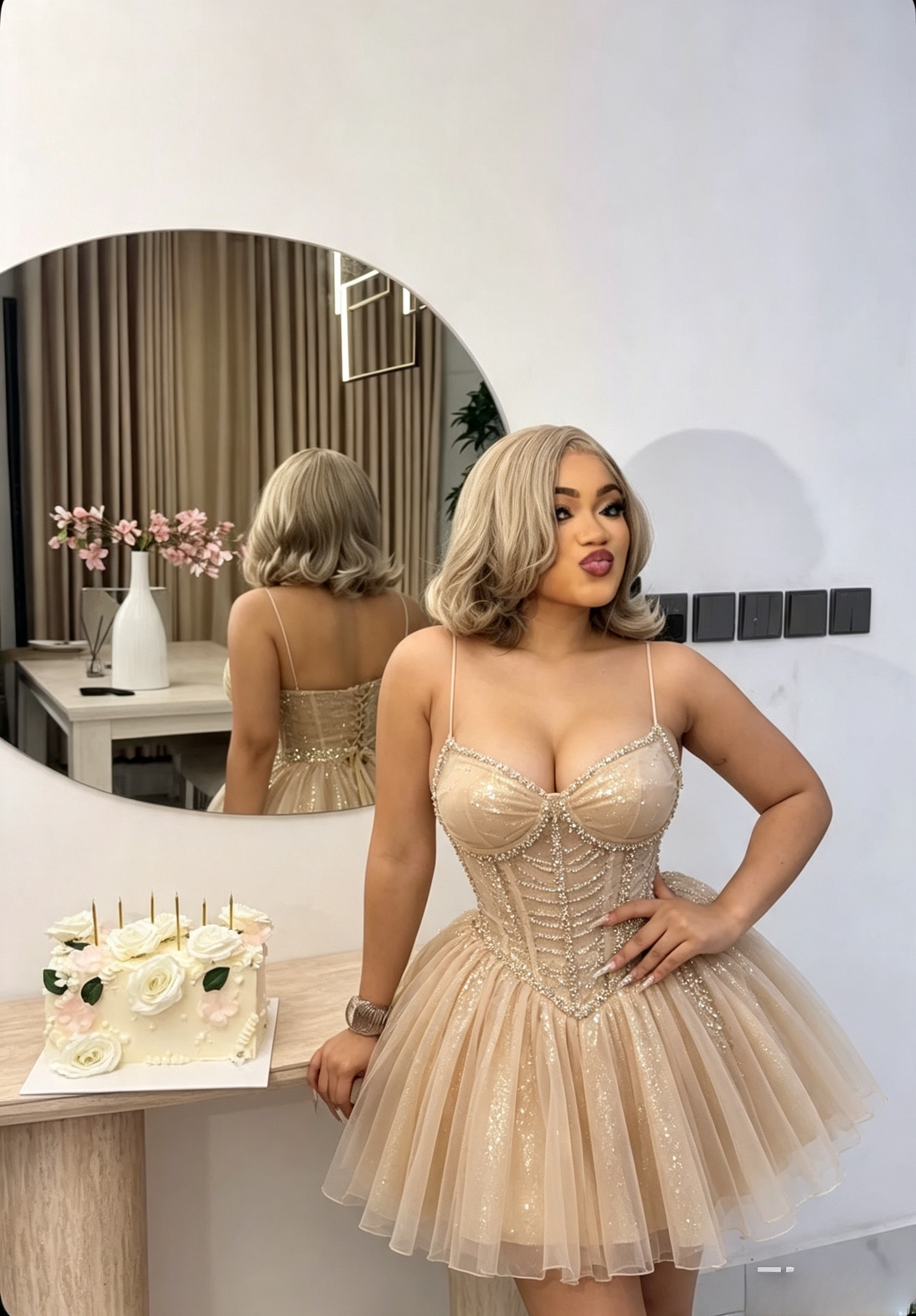 Sexy Champagne Hoco Dress Straps Tulle Birthday Dress A-Line Dress for Party  DP06519