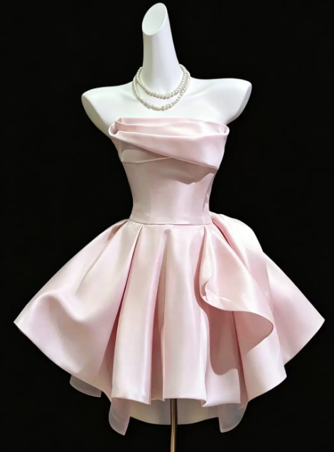 Sexy Pink Hoco Dress Strapless Satin Birthday Dress A-Line Dress for Party DP06521