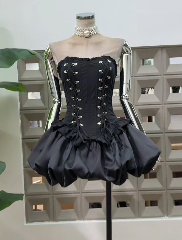 Sexy BlackHoco Dress Strapless Satin Birthday Dress A-Line Dress for Party DP06522