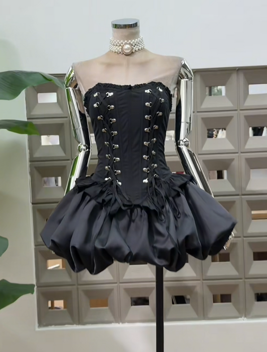 Sexy BlackHoco Dress Strapless Satin Birthday Dress A-Line Dress for Party DP06522