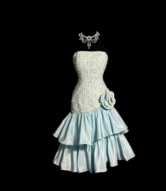 Sexy Blue Hoco Dress Strapless Satin Birthday Dress A-Line Dress for Party DP06523