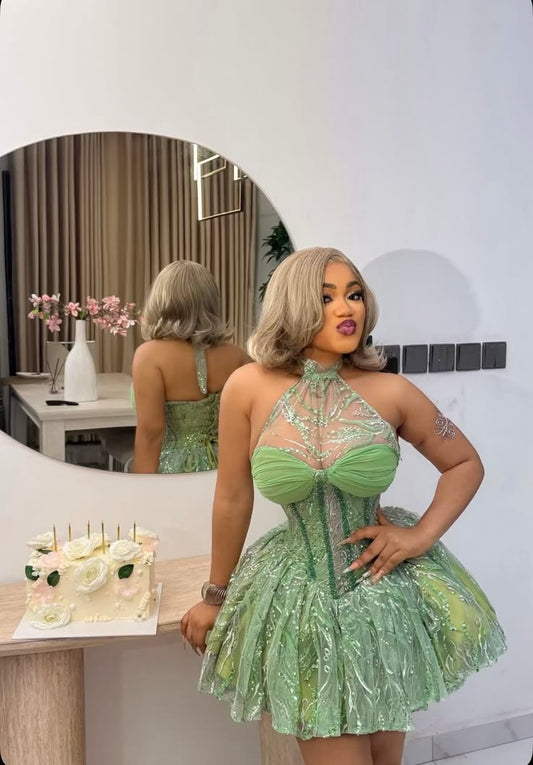 Sexy Green Hoco Dress Halter Tulle Birthday Dress A-Line Dress for Party DP06531