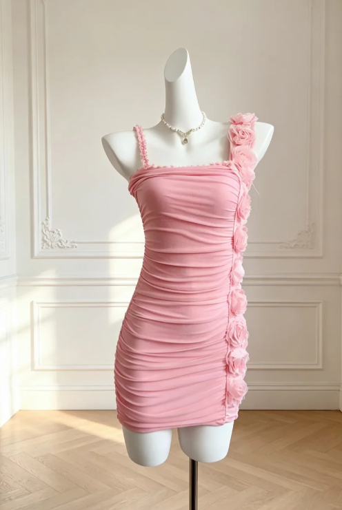 Sexy Pink Hoco Dress Straps Chiffon Birthday Dress Sheath Dress for Party DP06533