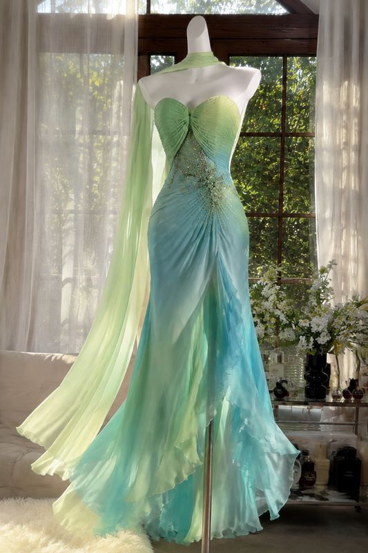 Chic Green Prom Dress Sweetheart Sheath Chiffon Beaded Long Evening Dress DP06538
