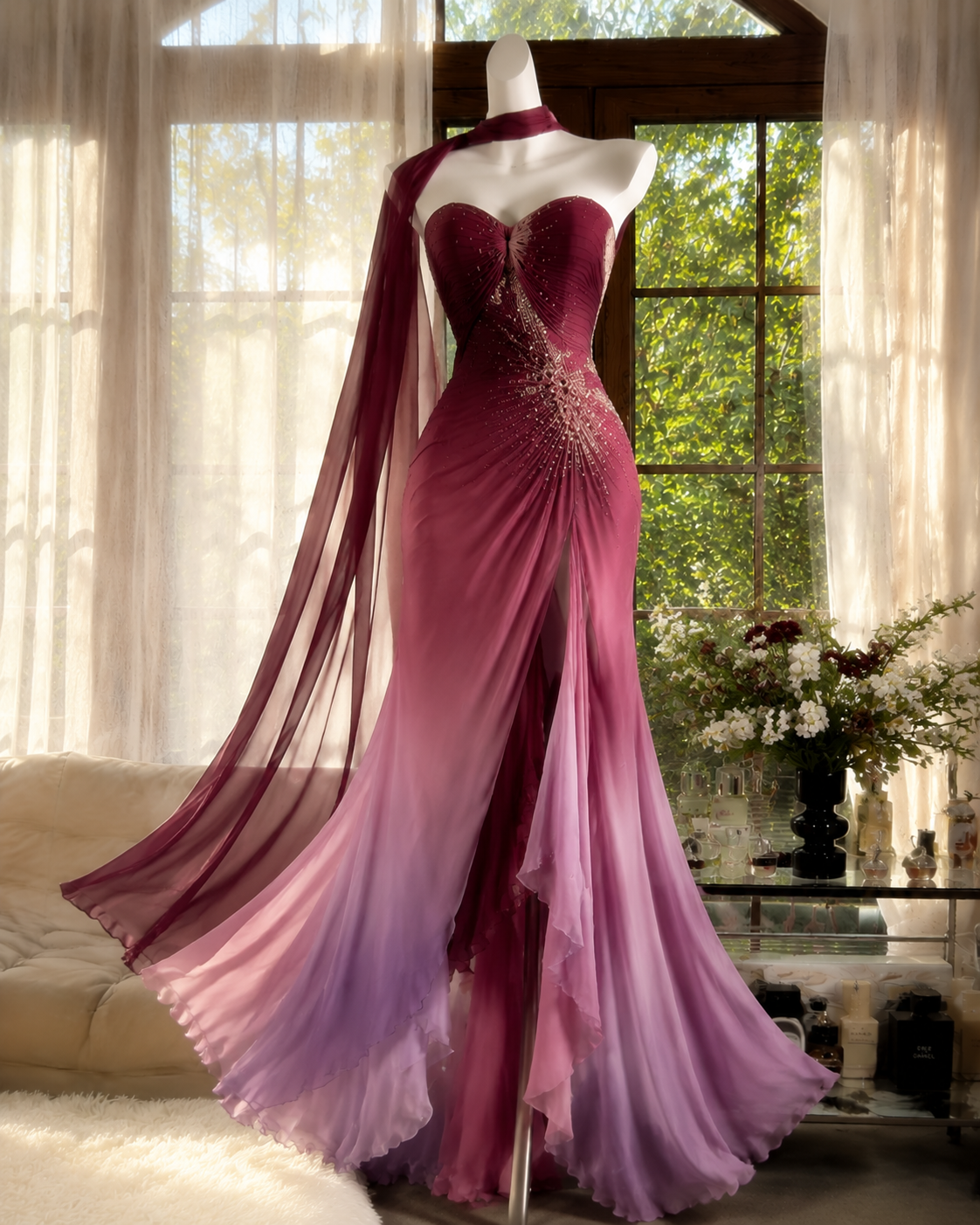 Chic Dark Red Prom Dress Sweetheart Sheath Chiffon Beaded Long Evening Dress DP06539