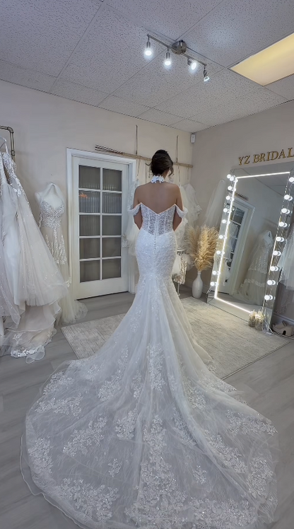 Modest Off-shoulder Mermaid Wedding Dress Lace White Bridal Gown DP06541