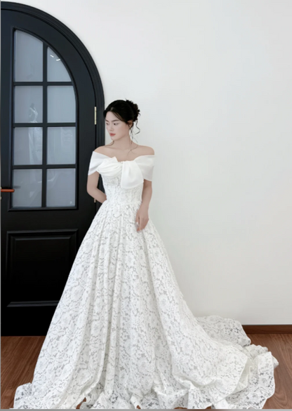Modest Off-shoulder A-Line Wedding Dress Lace White Bridal GownDP06542