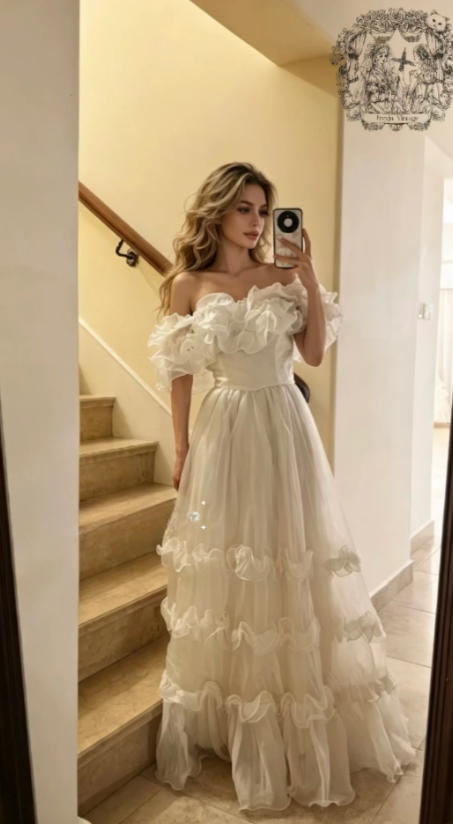 Modest Off-shoulder A-Line Wedding Dress Tulle White Bridal Gown DP06543