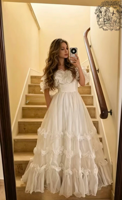 Modest Off-shoulder A-Line Wedding Dress Tulle White Bridal Gown DP06543