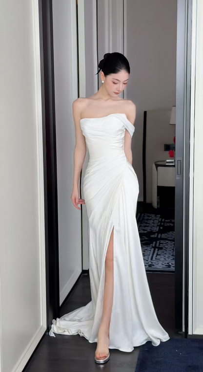 Modest One-shoulder Sheath Wedding Dress Satin White Bridal Gown DP06544
