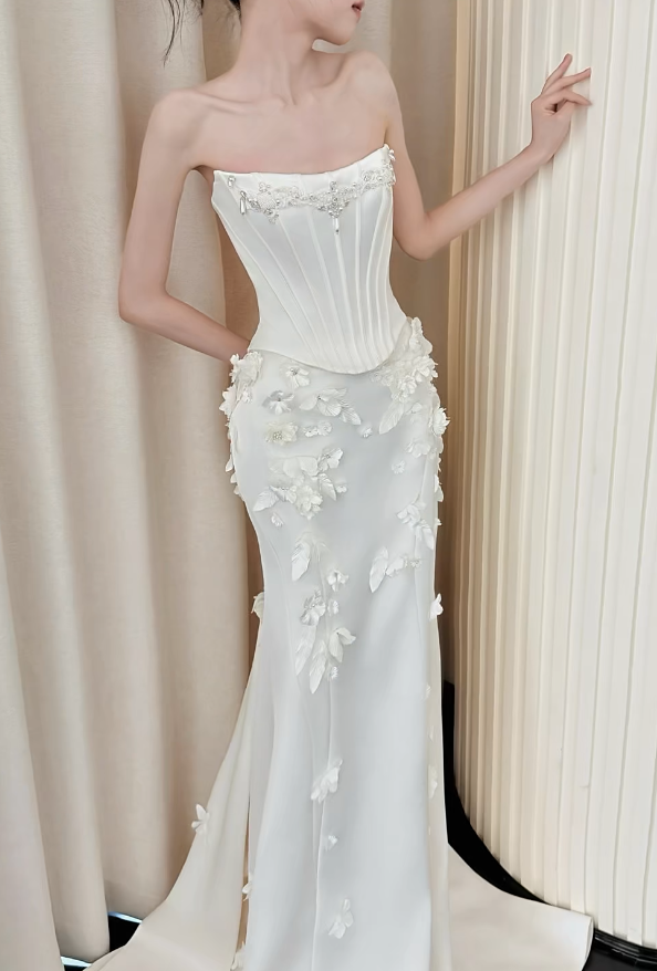 Modest Strapless Mermaid Wedding Dress Satin White Bridal Gown DP06547