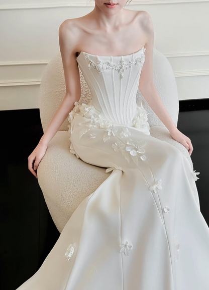 Modest Strapless Mermaid Wedding Dress Satin White Bridal Gown DP06547