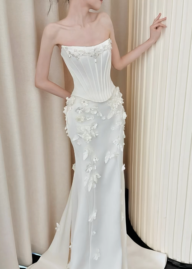 Modest Strapless Mermaid Wedding Dress Satin White Bridal Gown DP06547