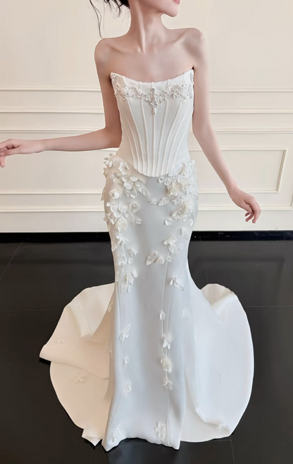 Modest Strapless Mermaid Wedding Dress Satin White Bridal Gown DP06547