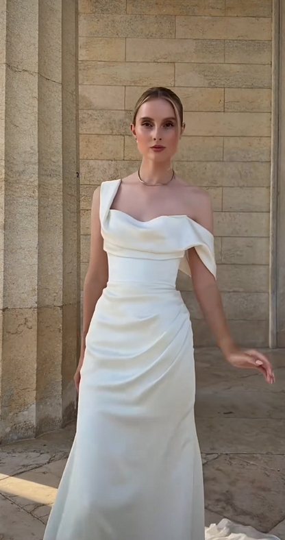 Modest Off-shoulder Sheath Wedding Dress Satin White Bridal Gown DP06548