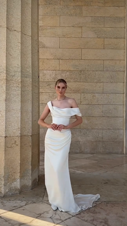 Modest Off-shoulder Sheath Wedding Dress Satin White Bridal Gown DP06548