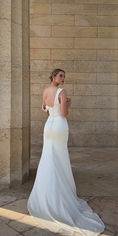 Modest Off-shoulder Sheath Wedding Dress Satin White Bridal Gown DP06548