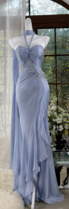 Gorgeous Blue Prom Dress Halter Sheath Beaded Chiffon Long Evening Dress DP06550