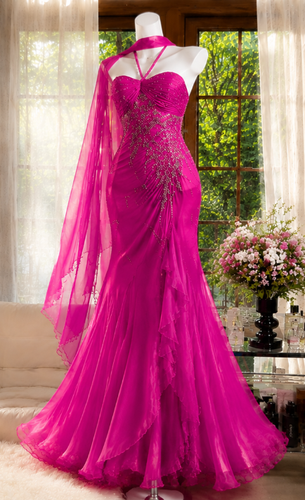 Gorgeous Hot Pink Prom Dress Halter Sheath Beaded Chiffon Long Evening Dress DP06553