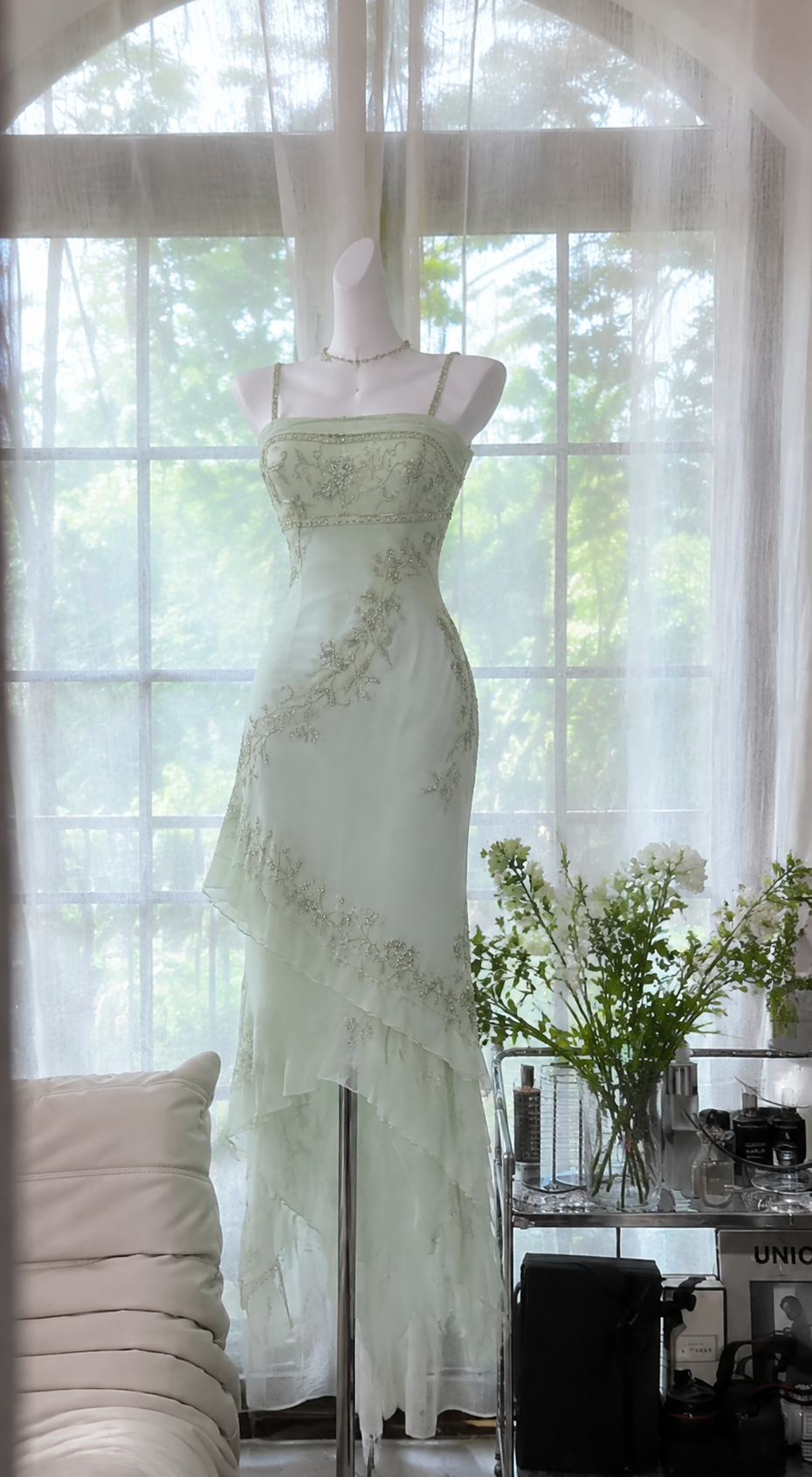 Gorgeous Light Green Prom Dress Straps Sheath Beaded Chiffon Long Evening Dress DP06554