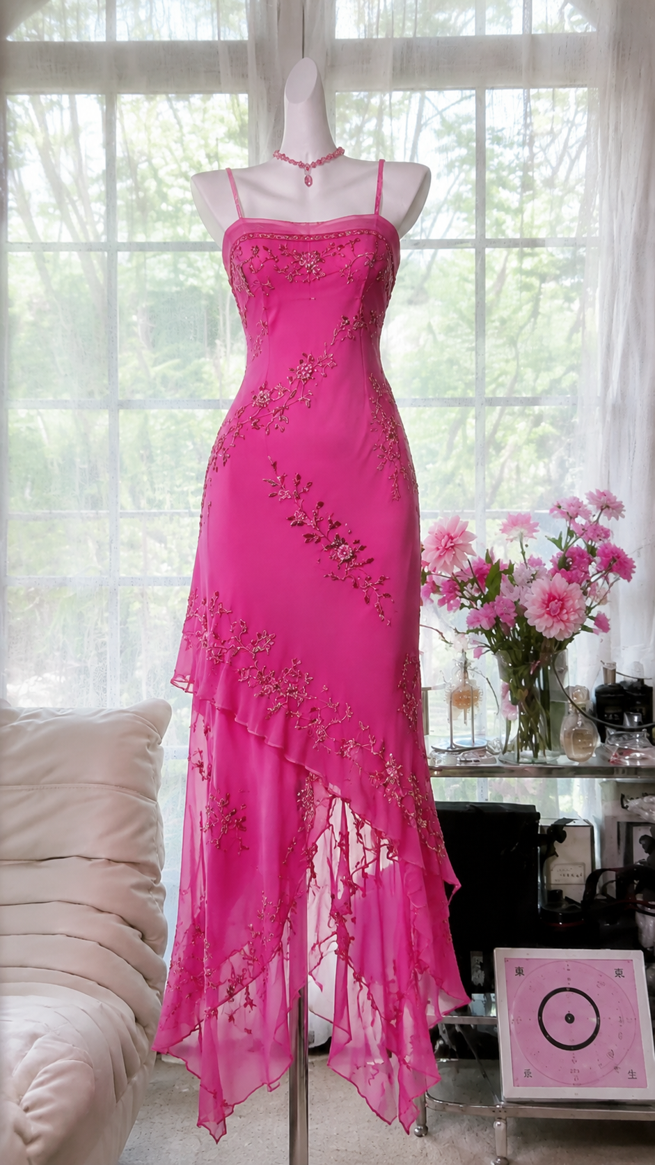 Gorgeous Hot Pink Prom Dress Straps Sheath Beaded Chiffon Long Evening Dress DP06557