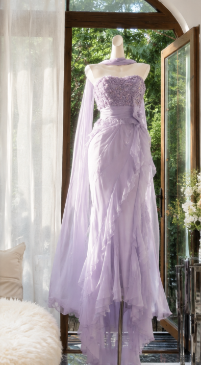 Gorgeous Light Purple Prom Dress Sweetheart Sheath Beaded Chiffon Long Evening Dress DP06560