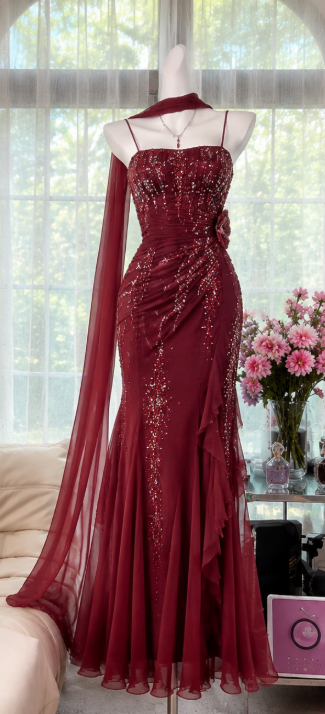 Gorgeous Burgundy Prom Dress Straps Sheath Beaded Chiffon Long Evening Dress DP06561