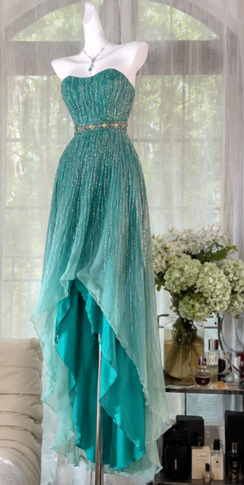 Gorgeous Turquoise Prom Dress Strapless Sheath Beaded Chiffon Long Evening Dress DP06562