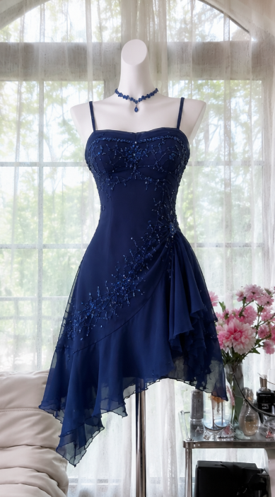 Pretty Navy Blue Short Homecoming Dress Straps A-Line Chiffon Beaded Birthday Dress DP06567